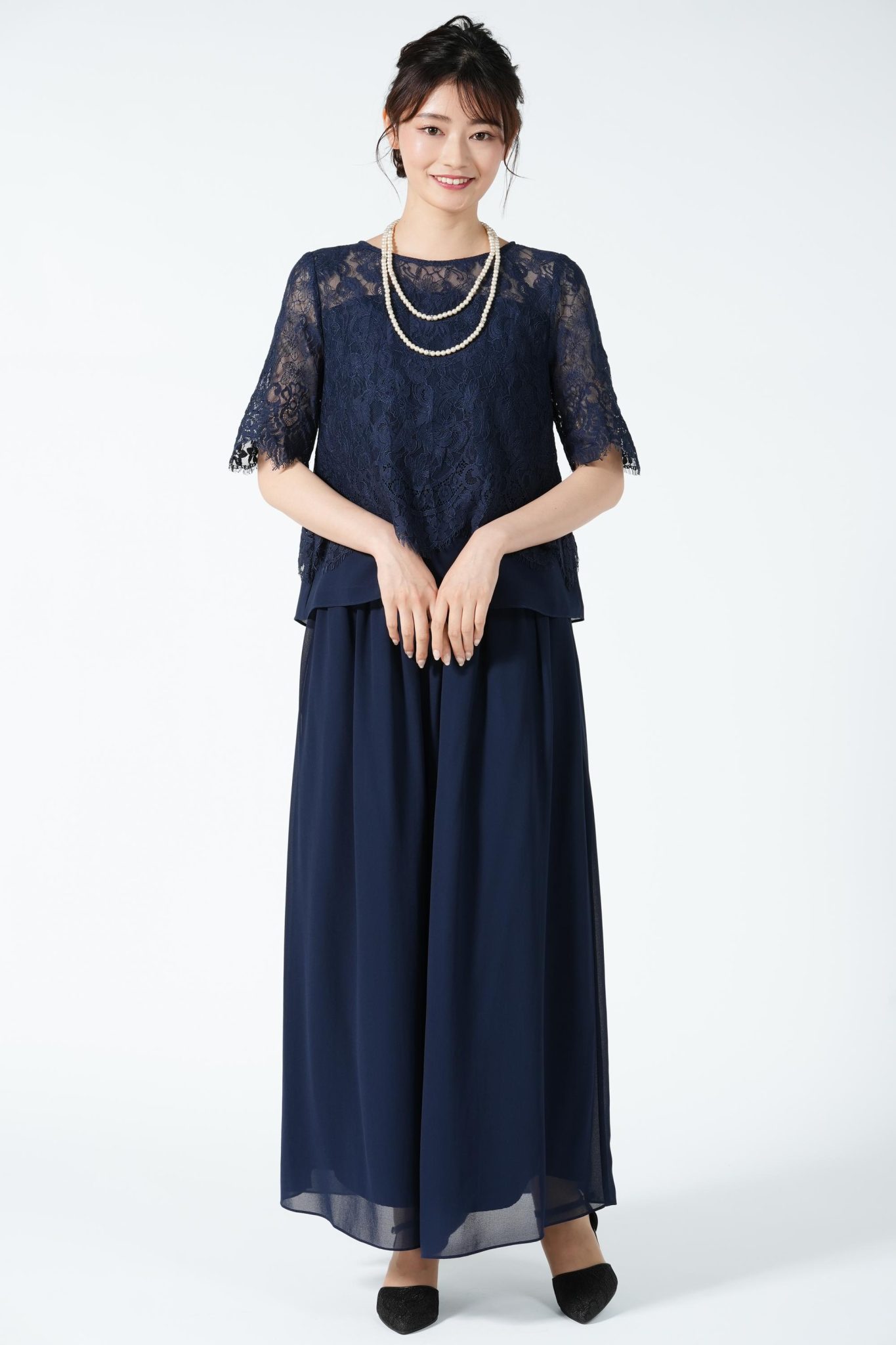 AIMER レース＆シフォン紺ワイドパンツ