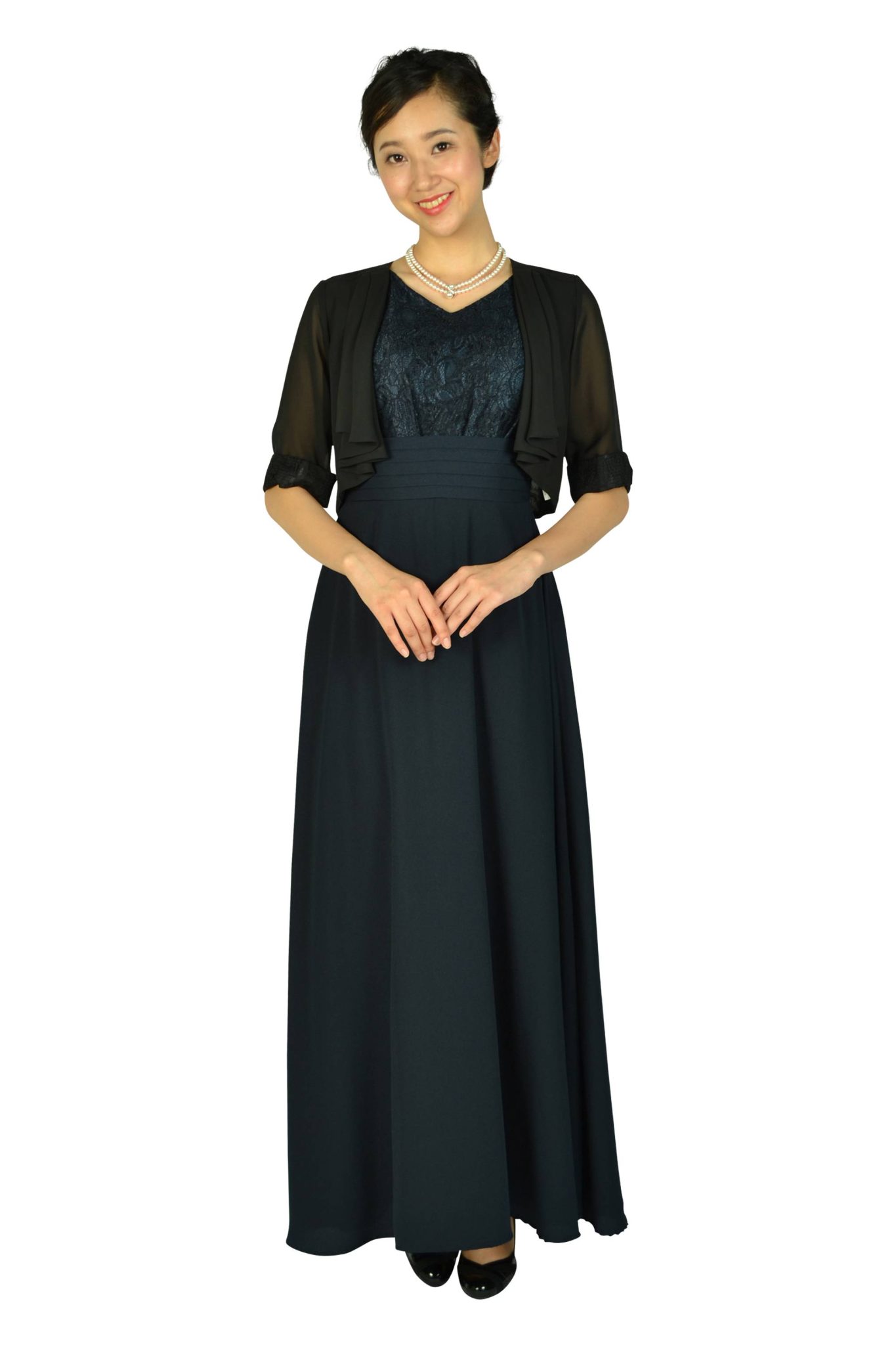 LUXE GRACE レース×ジョーゼットネイビーロングドレスセット 