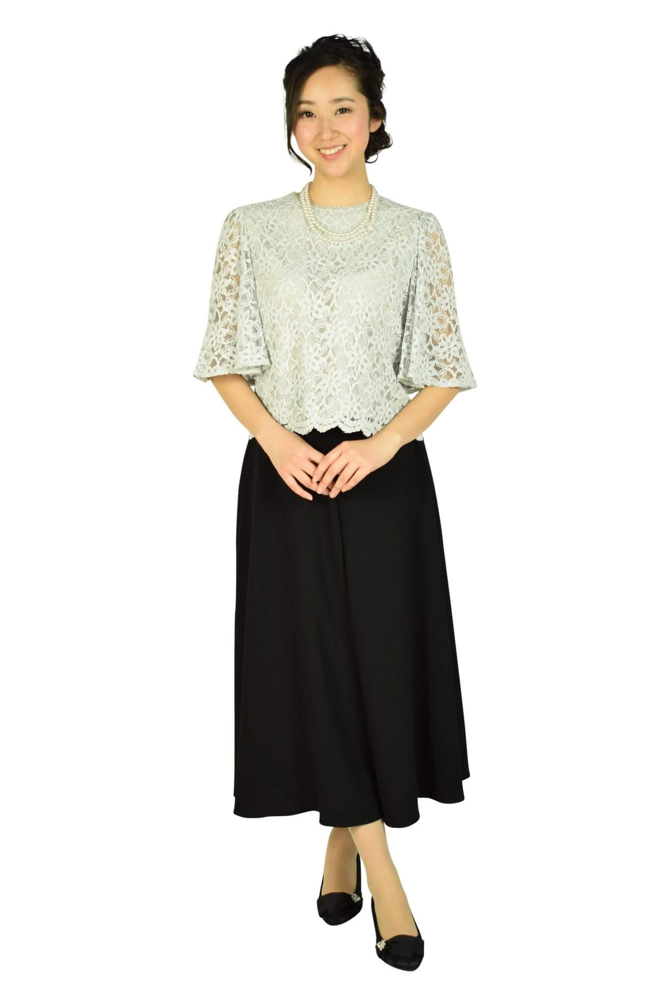 組曲ライトグレーレース×ブラックワイドパンツドレス